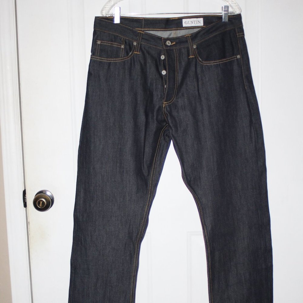 Gustin selvedge straight jeans. Classic 5 pockets, button fly front 36 x 36 NWOT